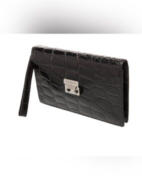 Versace Black Croc-Embossed Leather Wristlet Clutch with Silver Hardware